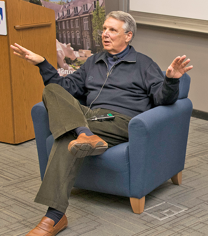 Taub speaking in chair at Penn State Abington (near Philadelphia)